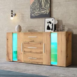 Buffet Bahut Meuble bas - 2 Portes + 3 Tiroirs avec LED - Portes en acrylique - Style industriel