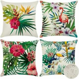 Extérieur Housse de Coussin, Lot de 4 Plantes et Fleurs Tropicales et Oiseaux Motif Canapé Taie