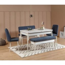 Set table extensible, 2 chaises, banc et banquette Malva Bois Blanc et Tissu Bleu foncé - Bleu