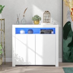 Buffet Bas LED Blanc Laqué Brillant, Armoire de Rangement pour Salon,Couloir ou Cuisine, Lumière 16