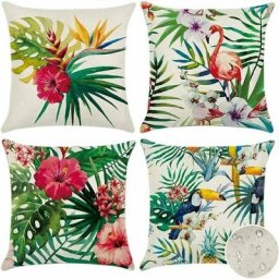 Extérieur Housse de Coussin, Lot de 4 Imperméable Plantes et Fleurs Tropicales et Oiseaux Motif