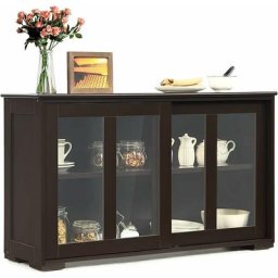 Buffet de Cuisine 2 Portes Coulissantes en Verre et 2 Couches Réglables, Buffet Cuisine Meuble