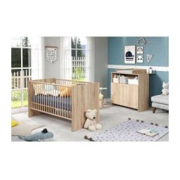 Chambre bébé duo NIKO - Lit 70x140 cm + Commode a langer 2 portes - Décor chene naturel - TRENDTEAM