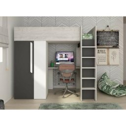 Lit mezzanine Kyle pour un enfant Noir graphite Blanc mat et Chêne avec armoire et bureau Noir,