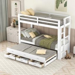 Lit superposé enfant 3 places detachable 90 x 200 cm blanc avec lit gigogne inclus sommier troris