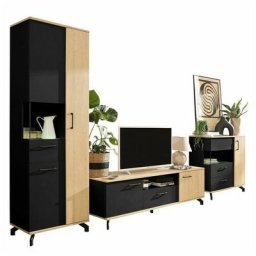 Rangement de salon Omaha S115, Noir + Chêne clair, Pièces individuelles, Avec table de TV, Avec des