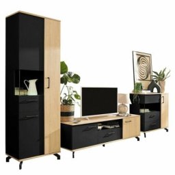Rangement de salon Omaha S115, Noir + Chêne clair, Pièces individuelles, Avec table de TV, Avec des