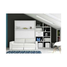 Lit escamotable 140x190 cm avec canapé et étagère Modula - Façade Hêtre - Canapé Gris - Matelas