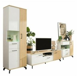 Rangement de salon Omaha S115, Blanc + Chêne clair, Pièces individuelles, Avec table de TV, Avec