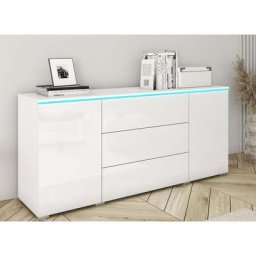 Buffet commode 2 portes 3 tiroirs blanc avec led - alexia - blanc