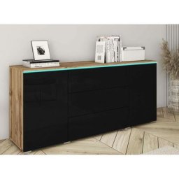 Buffet commode 2 portes 3 tiroirs chêne et noir avec led - alexia - noir