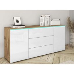 Buffet commode 2 portes 3 tiroirs chêne et blanc avec led - alexia - blanc bois