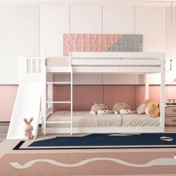 Lit cabane enfant 90x200cm, avec toboggan, échelle, sommier à lattes en pin, antichute, lit