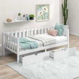 Merax - Lit cabane enfant 90 x 200 cm avec 2 tiroirs, Lit simple en bois massif de pin - Sommier et