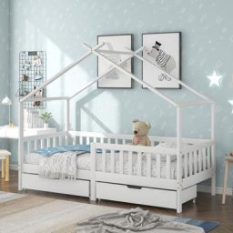 Lit cabane enfant 90 x 200 cm avec 2 Tiroirs - Bois pin massif avec sommier et barrières LBF
