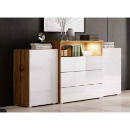 Buffet commodes 2 portes 3 tiroirs chêne et blanc avec led - marcel - bois blanc