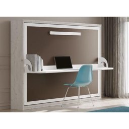Lit escamotable horizontal 140x190 cm avec bureau Bona - Haut de gamme - Coffrage Blanc - Matelas