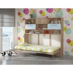 Lit escamotable roger 90x200cm horizontal + étagère chêne sonoma / bleu