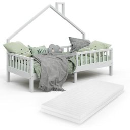 Lit cabane Noemi 90x200 cm blanc avec matelas Vitalispa