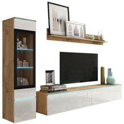 Rangement de salon Sarasota 125, Chêne wotan + Blanc brillant, Avec table de tv, Pièces