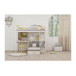 Lit mezzanine combiné - Bois massif - Blanc - Sommier inclus - 90x 200 cm