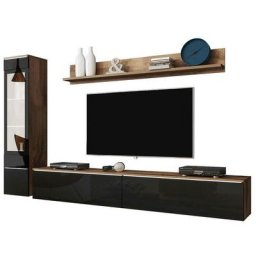 Rangement de salon Sarasota 125, Chêne wotan + Noir brillant, Avec table de tv, Pièces
