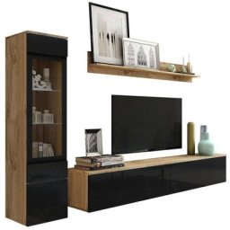 Rangement de salon Sarasota 125, Chêne wotan + Noir brillant, Avec table de tv, Pièces