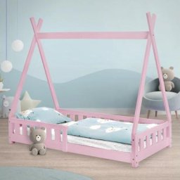 Lit d'enfant tipi rose avec sommier à lattes en bois maison indien 160x80 cm