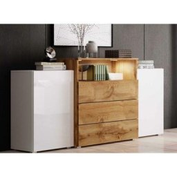 Buffet commodes 2 portes 3 tiroirs blanc et bois avec led - marcel - blanc bois