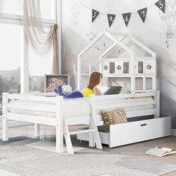 Lit cabane enfant 90 x 200 cm avec échelle et tiroirs, Sommier à lattes inclus, Lit mezzanine en