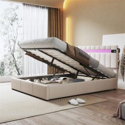 Lit coffre LED 140x200cm - avec barre lumineuse LED lecteur Bluetooth et recharge USB sommier à