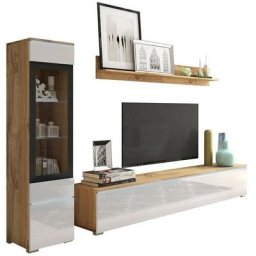 Rangement de salon Sarasota 125, Chêne wotan + Blanc brillant, Avec table de tv, Pièces