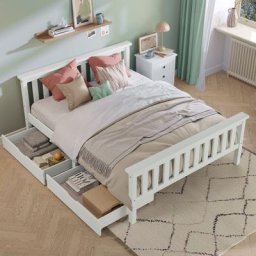 Lit double 140 x 200 cm avec 2 tiroirs, pour adulte ou enfant, 2 places, Structure en bois de pin