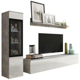 Rangement de salon Sarasota 125, Béton + Blanc brillant, Pièces individuelles, Avec table de TV,