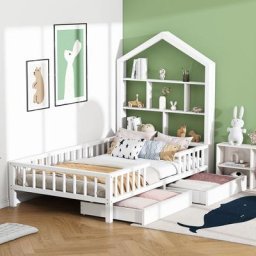 Merax - Lit cabane enfant 200x90 cm avec étagère de rangement et 2 grands tiroirs, Lit jeunesse en