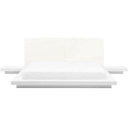 Lit Double Japonais 160 x 200 cm en mdf Blanc à Tables de Chevet et Cuir pu Zen - Blanc