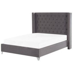 Lit Double en Velours Gris 160 x 200 cm avec Haute Tête de Lit Chesterfield pour Chambre au Style