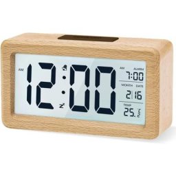 Réveil numérique, horloge de chevet en bois avec grand écran LCD rétroéclairé, température,