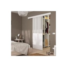 Kit porte coulissante atelier blanc + rail 2 amortisseurs + cache rail décor assorti - verre dépoli