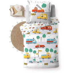 Douceur D'intérieur - Housse de couette enfant 140 x 200 cm 100% Coton 42 fils Voiture rouge jaune
