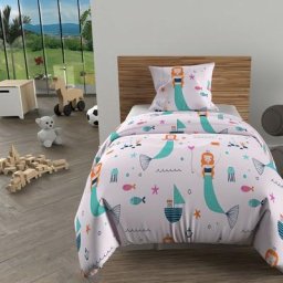 Soleil D'ocre - Parure housse de couette 140x200 cm sirenes rose, 100% coton 57 fils/cm2, par Rose
