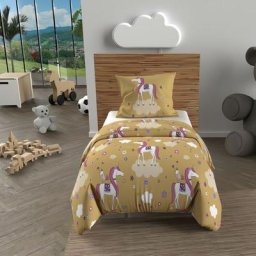 Soleil D'ocre - Parure housse de couette 120x150 cm licornes jaune, 100% coton 57 fils/cm2, par
