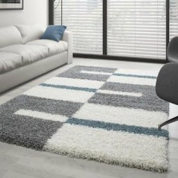 Gala - Tapis Salon Chambre Shaggy Motifs Géométrique - roma (Gris et Turquoise - 60x110cm)