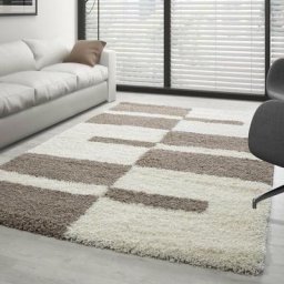 Gala - Tapis Salon Chambre Shaggy Motifs Géométrique - roma (Café et Ivoire - 200x290cm)
