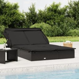 Transat 2 places avec toit Chaise longue Bain de soleil pliable noir 213x118x97 cm 79143 - Noir
