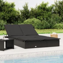 Maisonchic - Chaise longue à 2 places Bain de soleil Transat avec coussins noir résine tressée