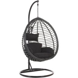 Fauteuil Oeuf Suspendu Design en Rotin Noir avec Support en Acier et Coussin Assorti Idéal pour