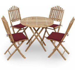 Mobilier à dîner d'extérieur pliable 5 pcs avec coussins Bambou vidaXL - Rouge bordeaux