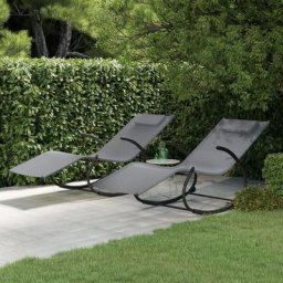 Lot de 2 Bains de soleil Chaises à bascule - Transat de jardin Gris Acier et textilène BV437667