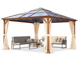 Tonnelle de jardin 4x4 m aspect chêne, toit env. 8mm polycarbonate, 4 parois latérales champagne